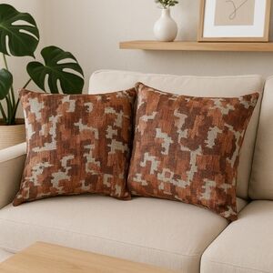 Set of 2 Decorative Throw Pillows 18x18 – Rust Brown & Cream Abstract Pattern